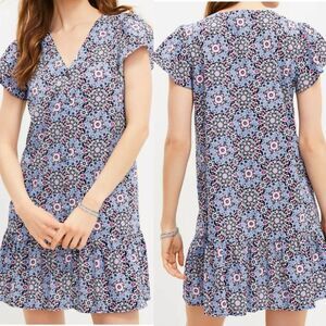 Loft  Medallion Button Ruffle Flounce Blue and Pink Dress Size Large